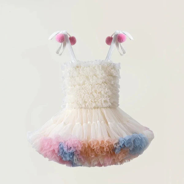 Vestido Tutu Pompom Arco-Íris com Babados