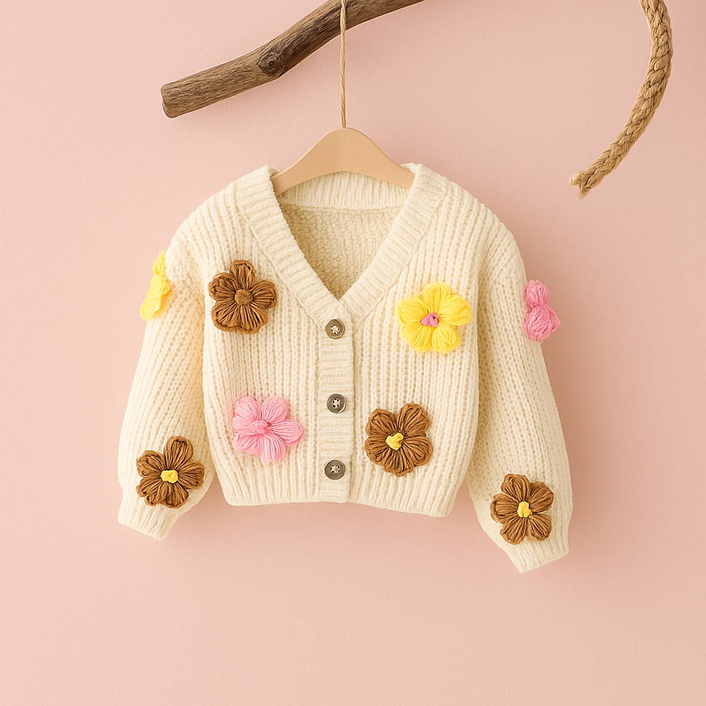 Casaco Infantil Florzinhas em Tricô