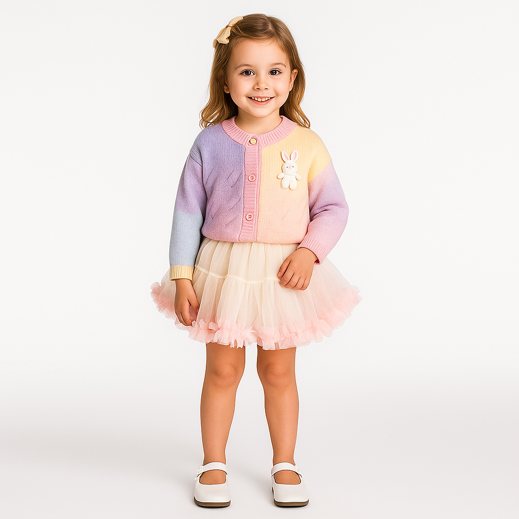 Conjunto Infantil Saia de Tutu com Casaco Tricô Coelhinho