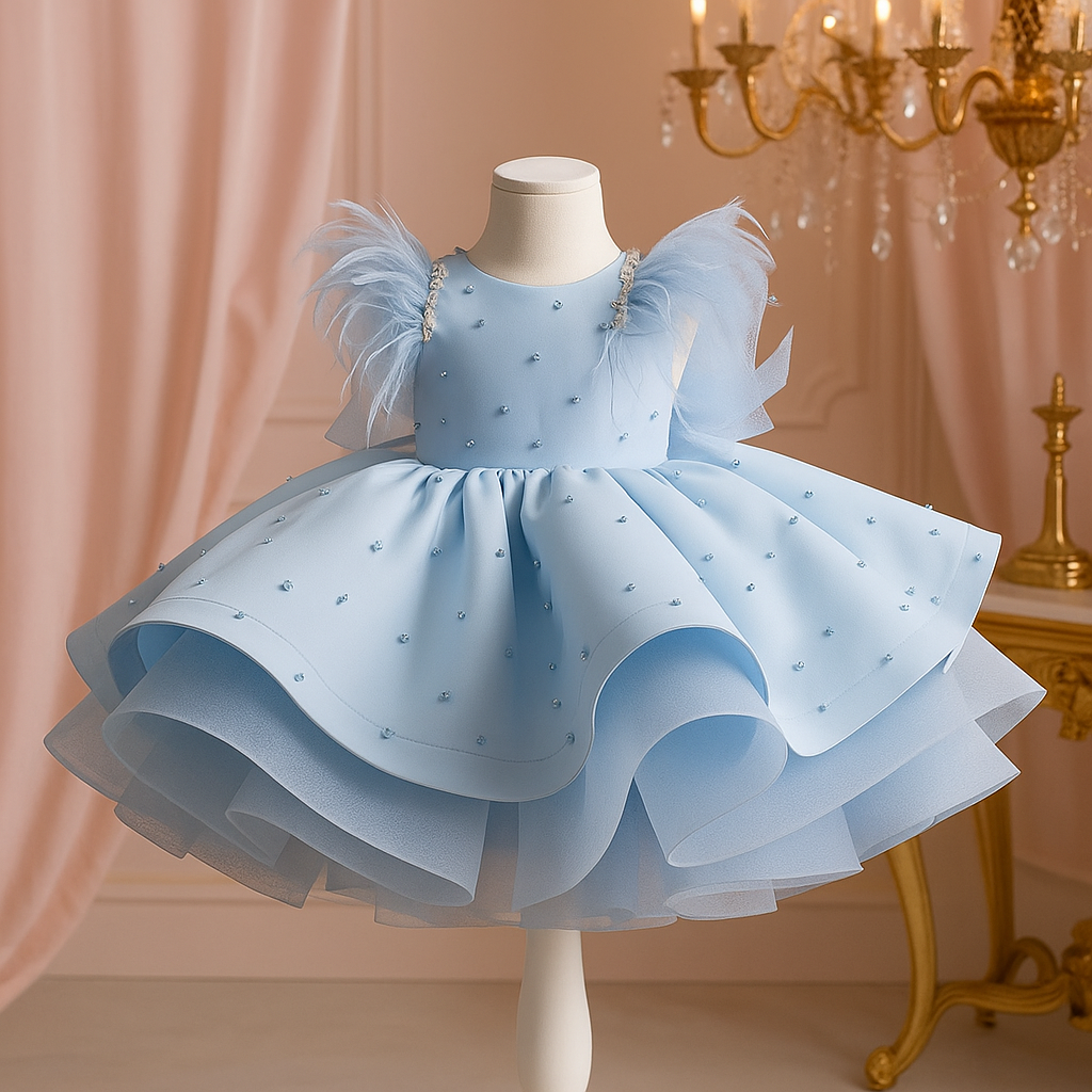 Vestido Infantil Azul Princesa dos Sonhos com Pérolas e Tule