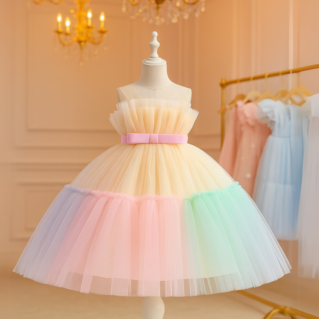 Vestido Infantil Tule Arco-Íris