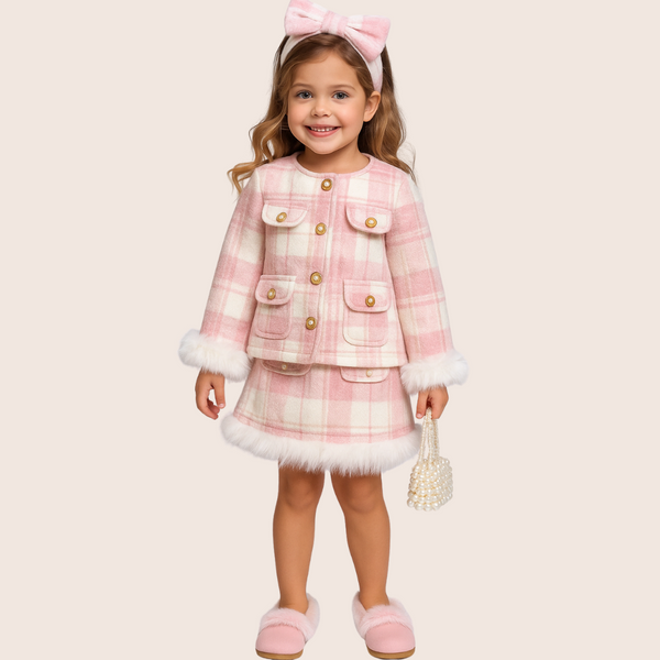 Conjunto Infantil Xadrez Rosa com Pelúcia