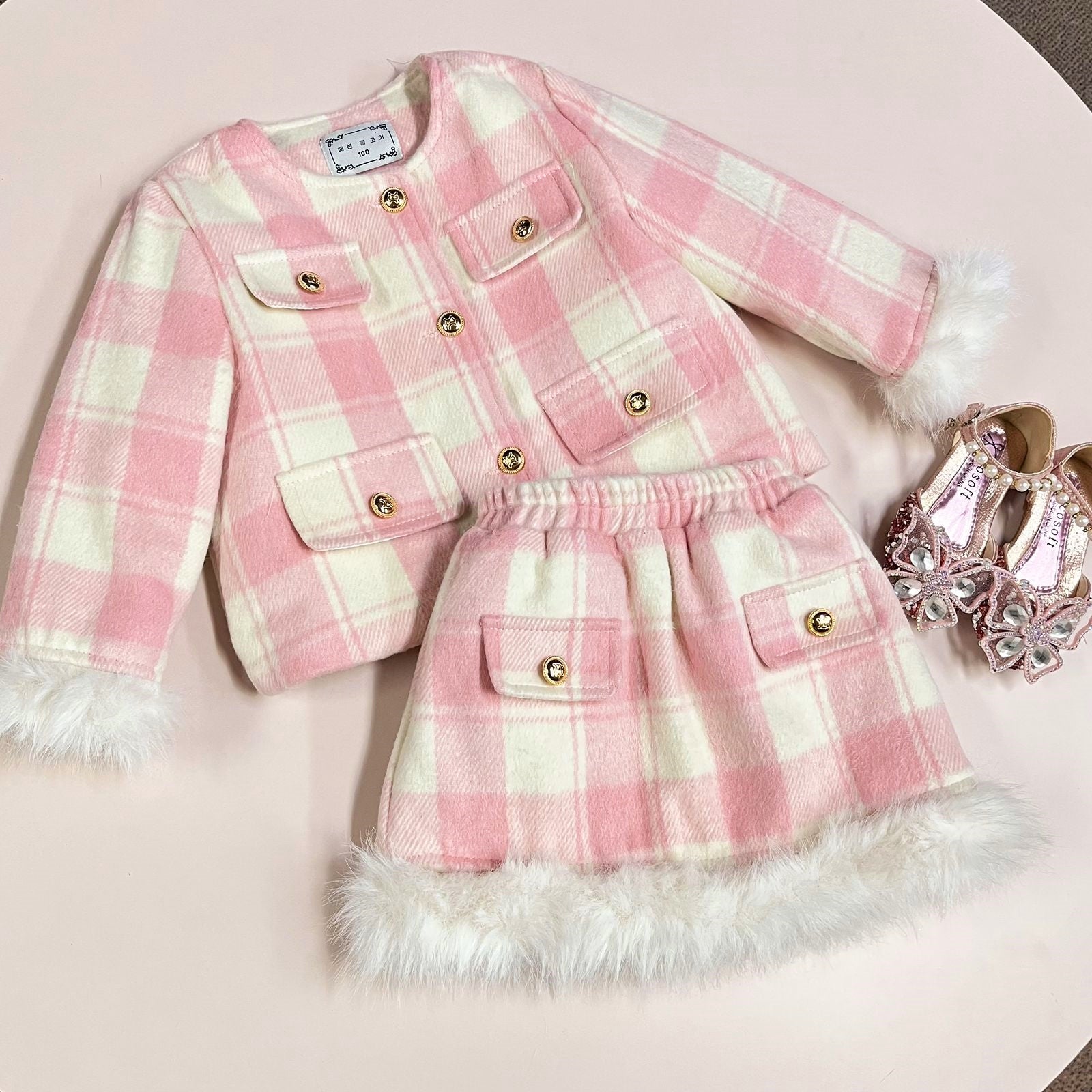Conjunto Infantil Xadrez Rosa com Pelúcia