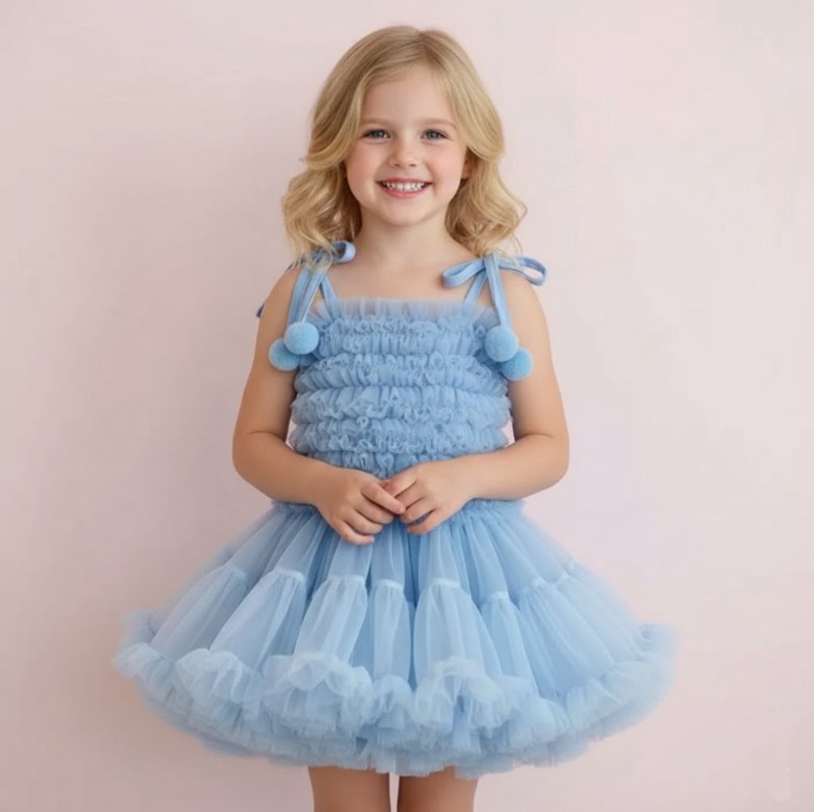 Vestido Tutu Azul com Babados e Pompons