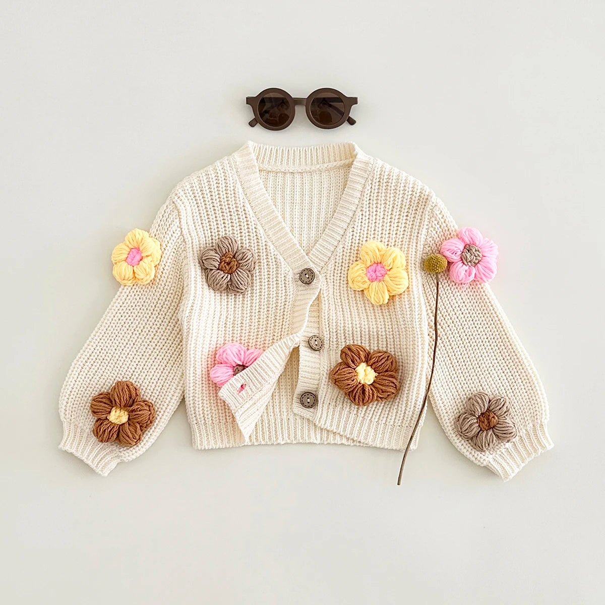 Casaco Infantil Florzinhas em Tricô