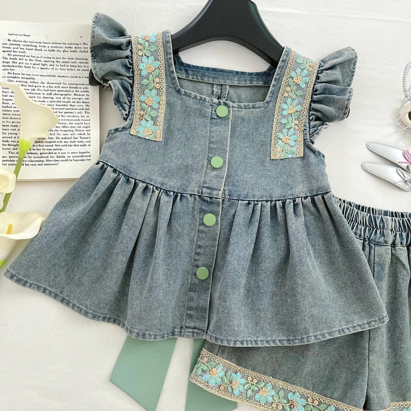 Conjunto Jeans Floral Laço Verde