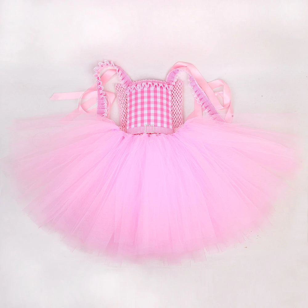 Fantasia Infantil Barbie Xadrez Rosa