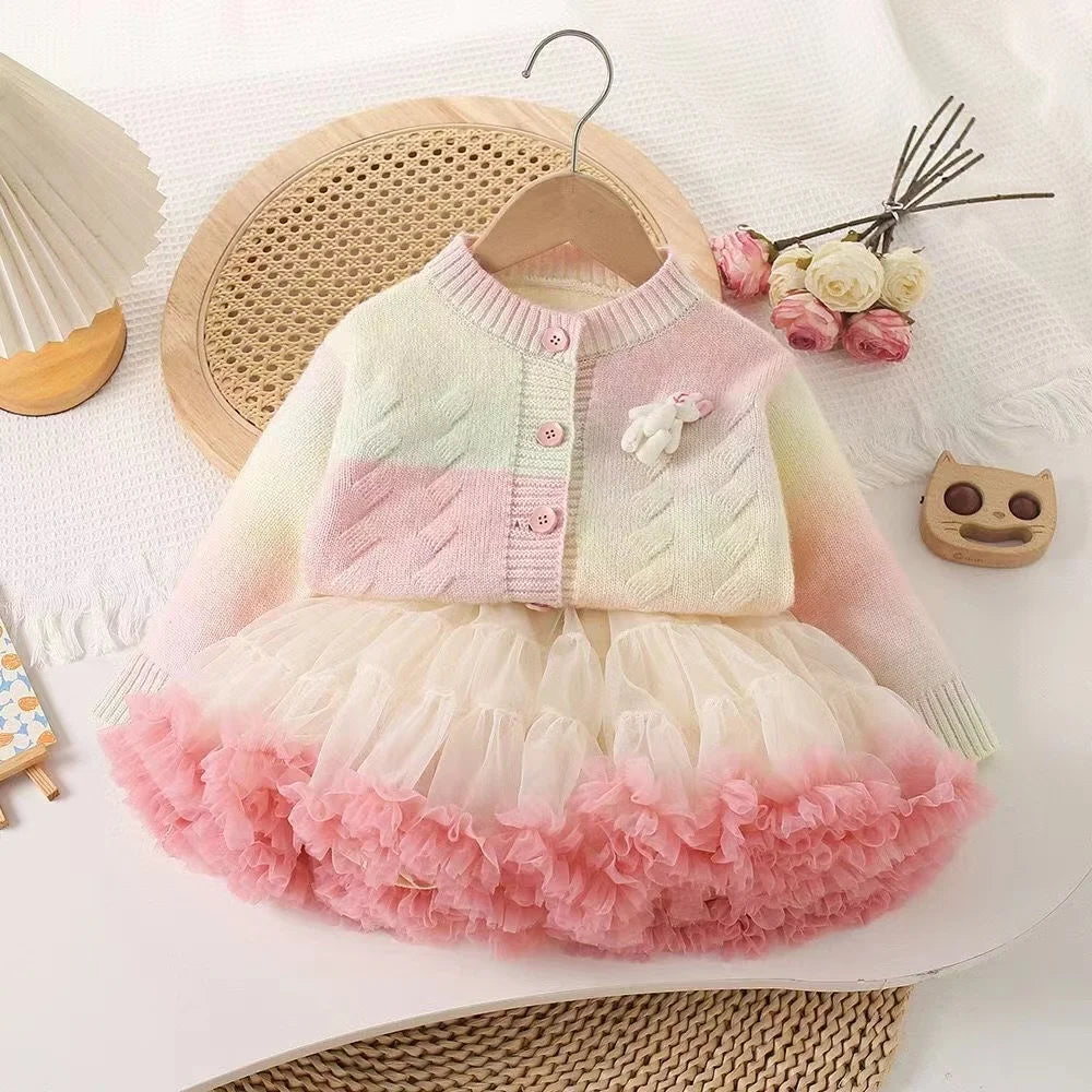 Conjunto Infantil Saia de Tutu com Casaco Tricô Coelhinho
