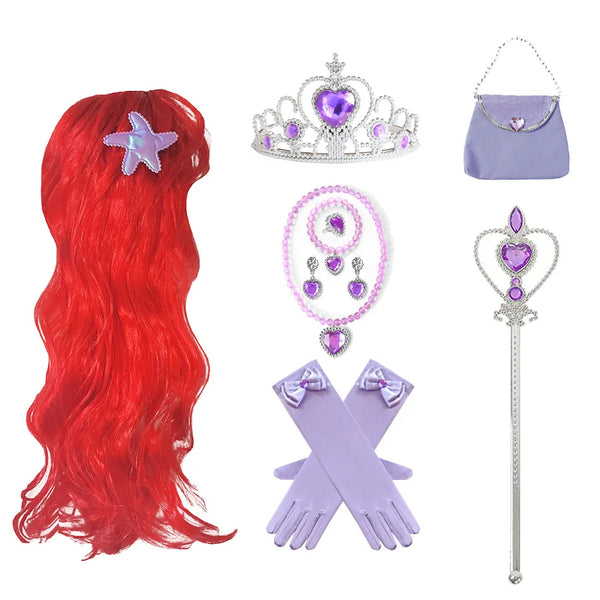 Kit de Acessórios Ariel Pequena Sereia com Peruca, Tiara, Luvas e Bolsa