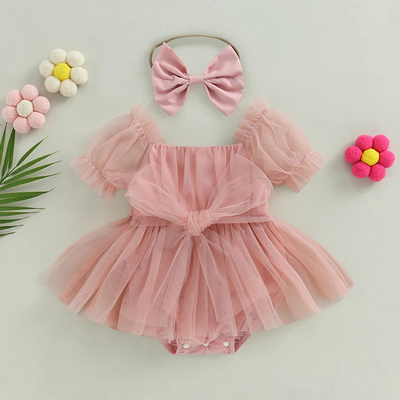 Romper Bebê Tule Rosa Encantado com Faixinha