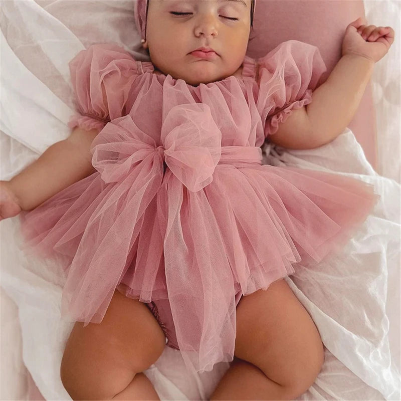 Romper Bebê Tule Rosa Encantado com Faixinha