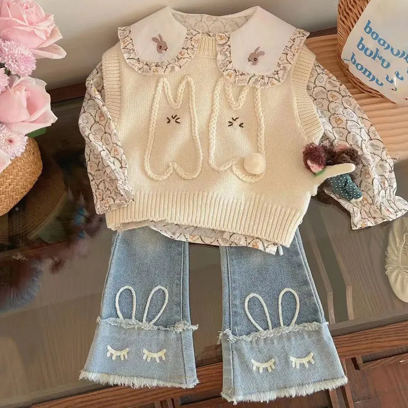 Conjunto Infantil Tricô e Jeans Coelhinho