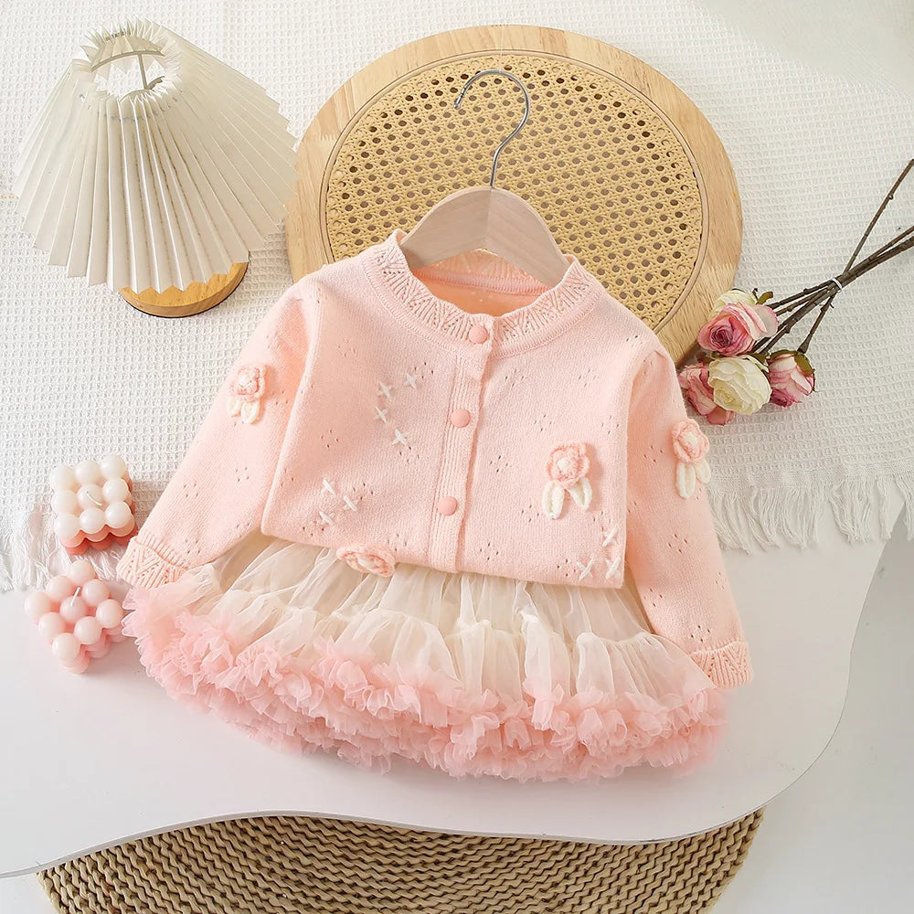 Conjunto Infantil Feminino Tricô Flor com Saia Tutu