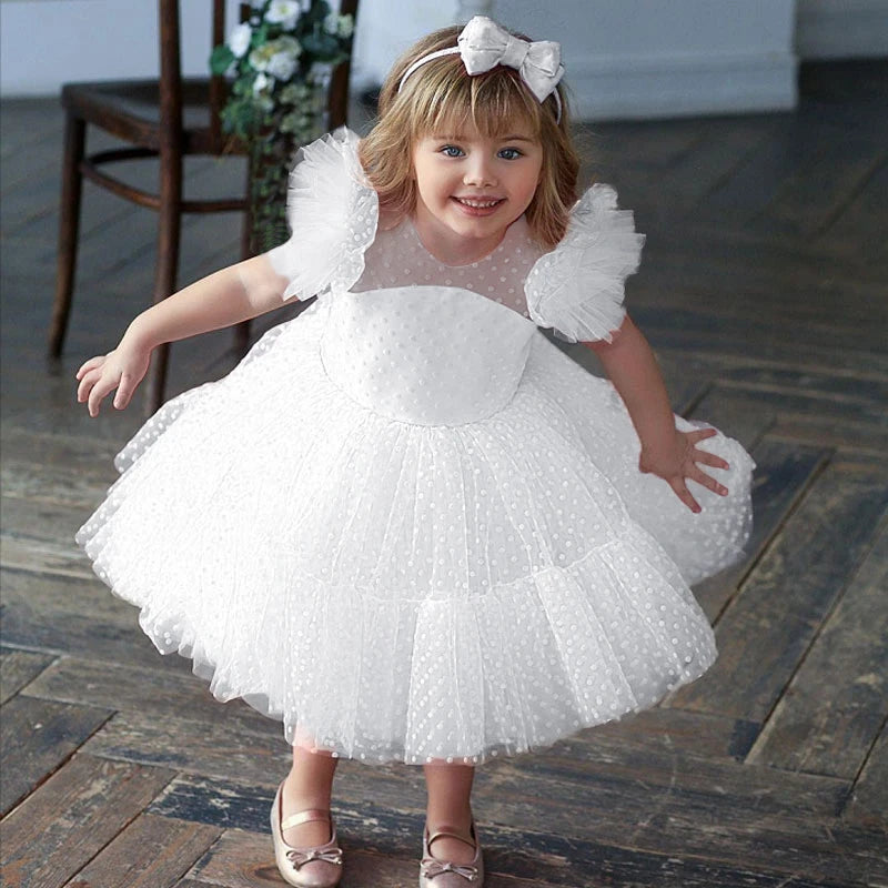 Vestido de Festa Infantil Poá Tule Branco