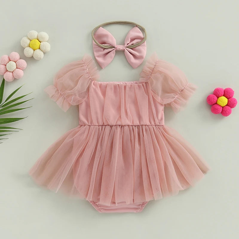 Romper Bebê Tule Rosa Encantado com Faixinha