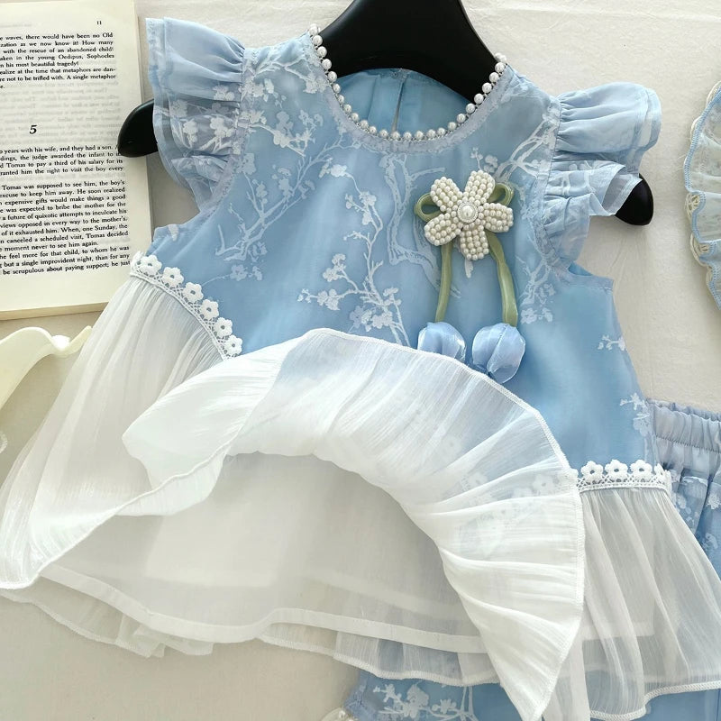 Conjunto Infantil Azul Flor de Algodão