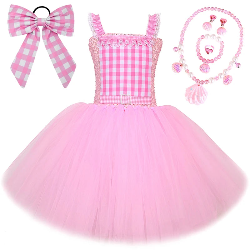 Fantasia Infantil Barbie Xadrez Rosa – Árvore Mágica Kids