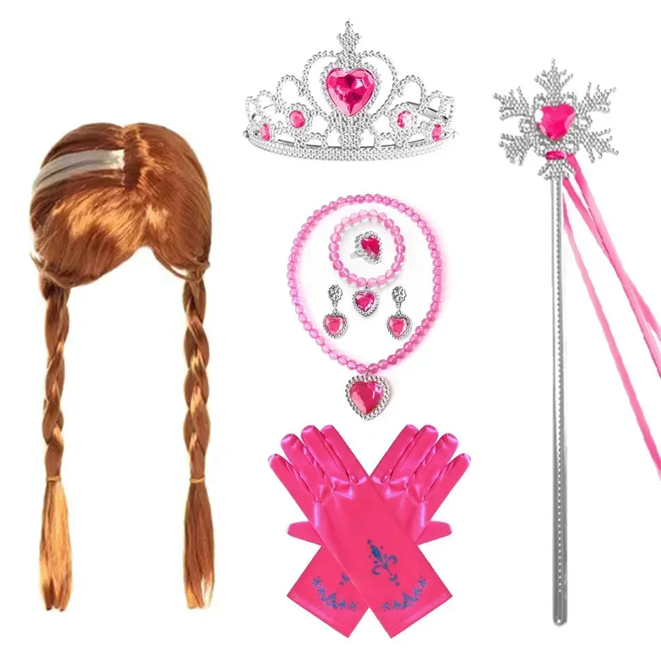 Kit de Acessórios Princesa Anna Frozen com Peruca, Tiara, Varinha e Luvas