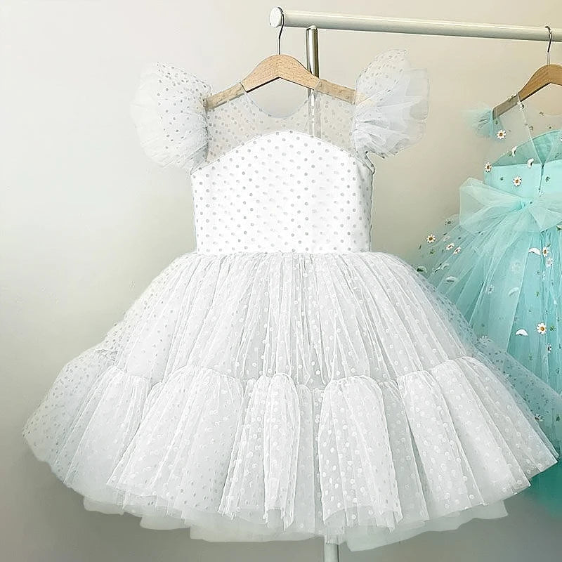 Vestido de Festa Infantil Poá Tule Branco