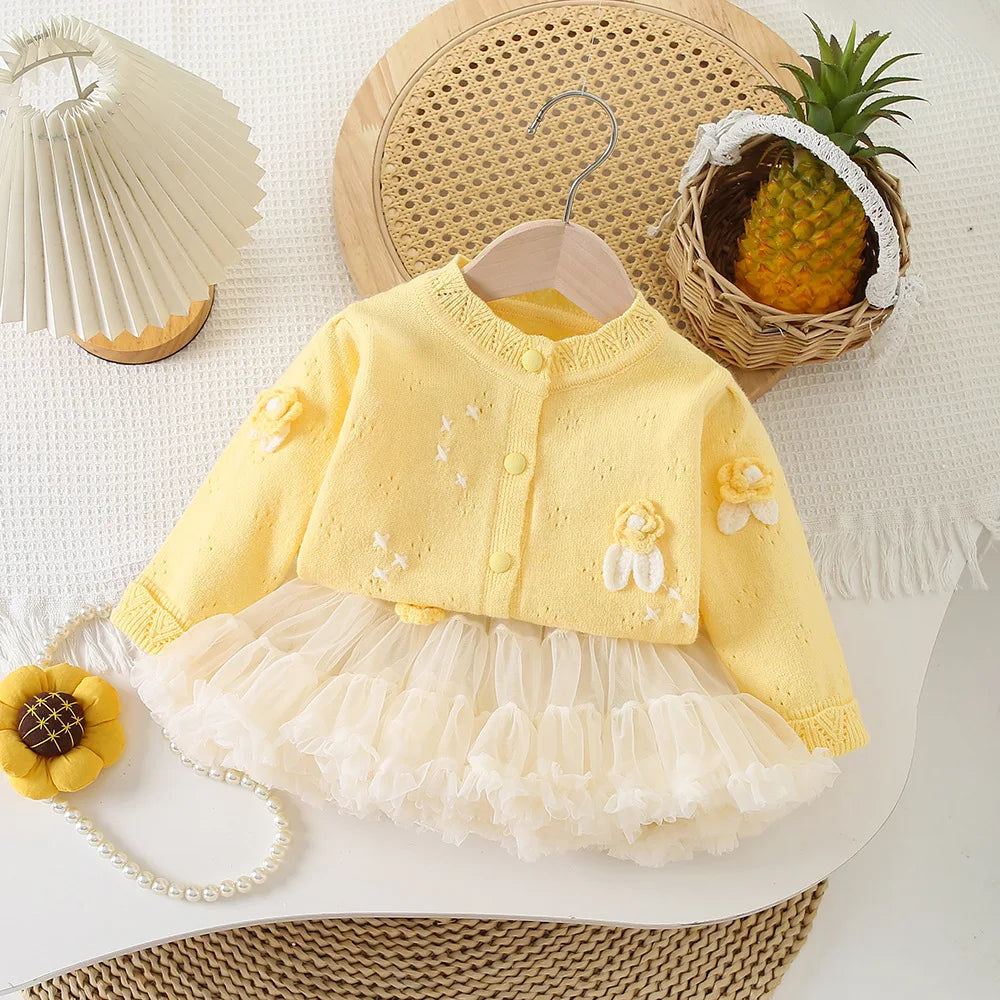 Conjunto Infantil Feminino Tricô Flor com Saia Tutu