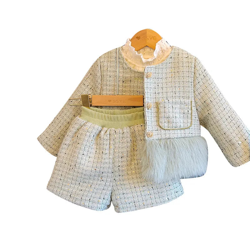Conjunto Infantil Tweed Verde com Pelúcia