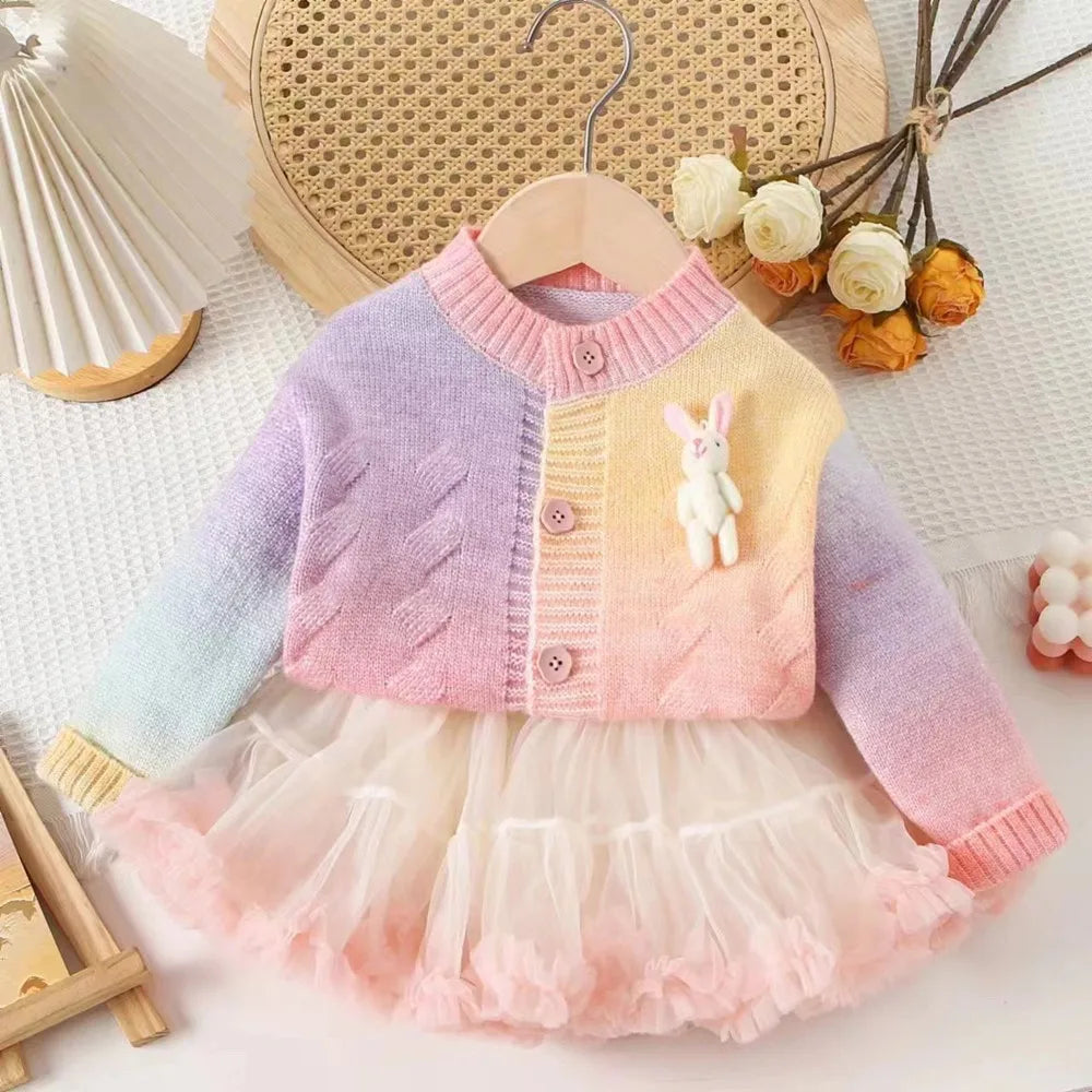 Conjunto Infantil Saia de Tutu com Casaco Tricô Coelhinho