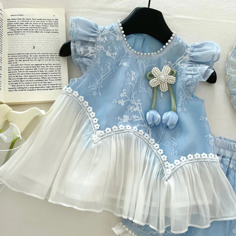Conjunto Infantil Azul Flor de Algodão