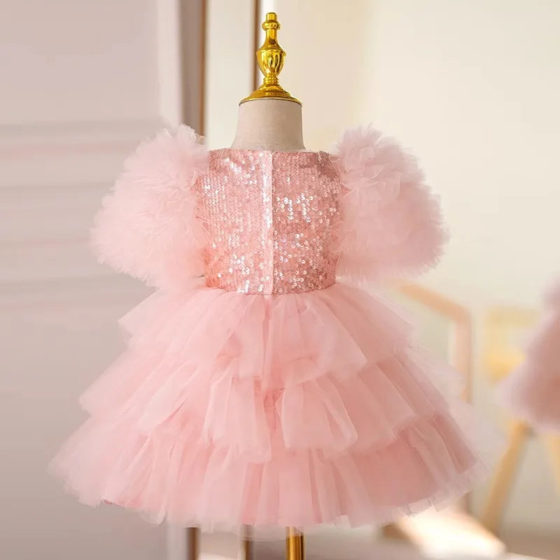 Vestido de Festa Infantil Rosa Tule com Paetês - Estilo Princesa