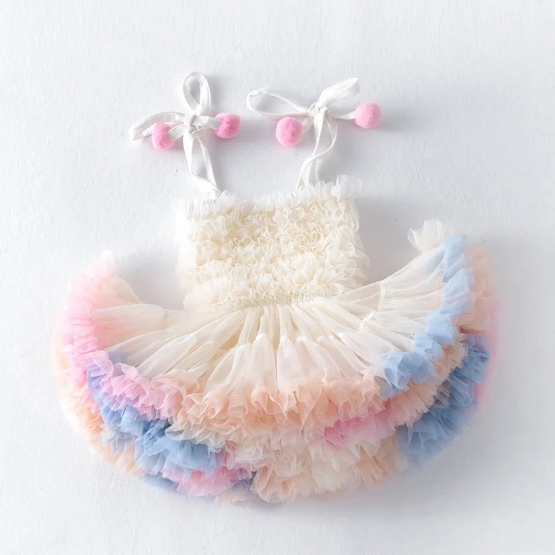 Vestido Tutu Pompom Arco-Íris com Babados