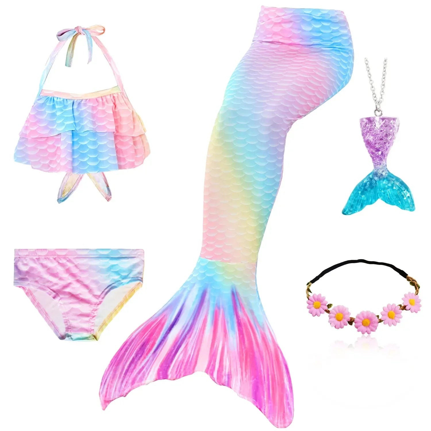 Biquíni Sereia Arco-Íris Encantada com Cauda e Acessórios
