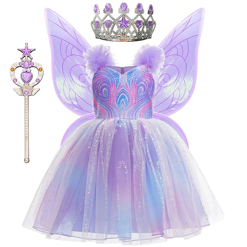 Vestido de Princesa Fada Lilás Brilhante Encanto do Crepúsculo
