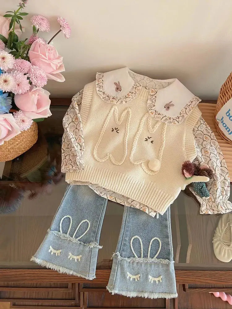 Conjunto Infantil Tricô e Jeans Coelhinho