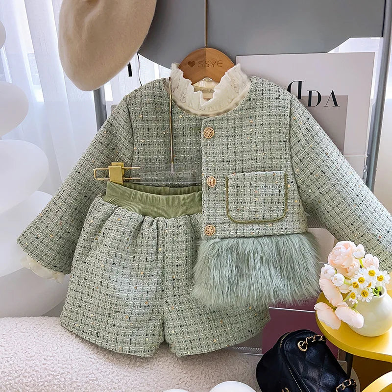 Conjunto Infantil Tweed Verde com Pelúcia