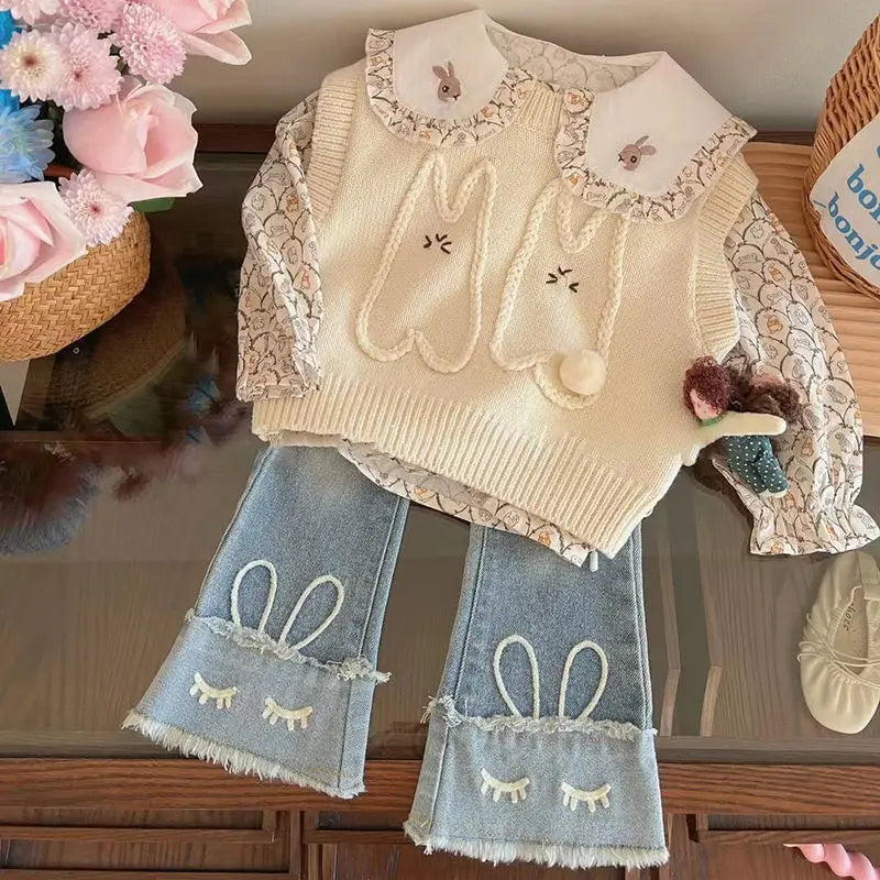 Conjunto Infantil Tricô e Jeans Coelhinho