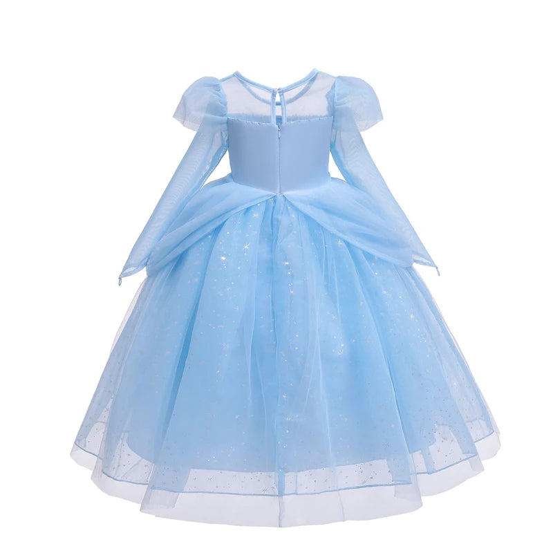 Vestido de Princesa Azul Estrelado de Manga Longa