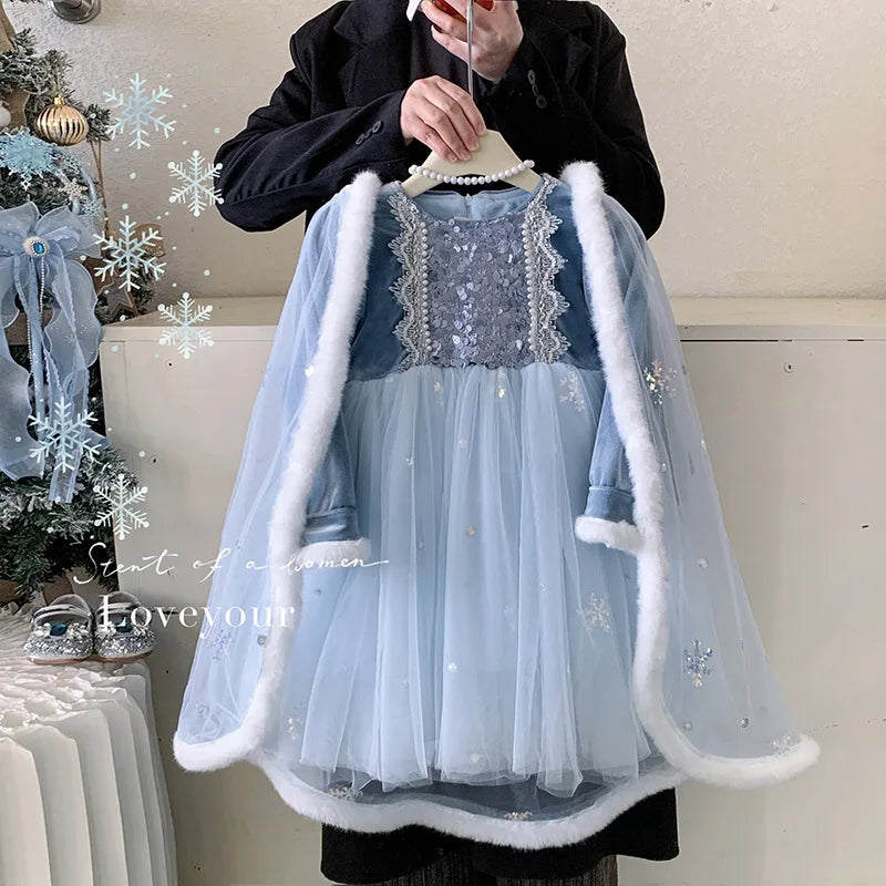 Vestido de Princesa do Gelo Infantil com Capa e Capuz