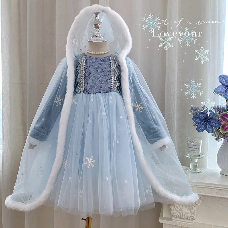 Vestido de Princesa do Gelo Infantil com Capa e Capuz