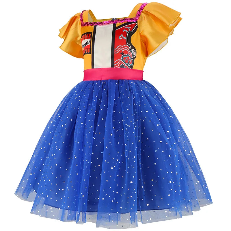 Little girl twirling in a stage-inspired puff skirt party dress