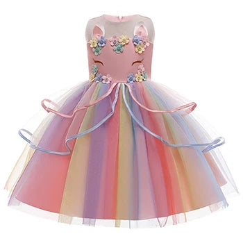 Vestido de Princesa Unicórnio Infantil Arco-Íris com Flores