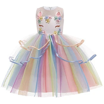Vestido de Princesa Unicórnio Infantil Arco-Íris com Flores