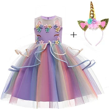 Vestido de Princesa Unicórnio Infantil Arco-Íris com Flores