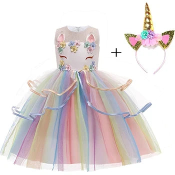 Vestido de Princesa Unicórnio Infantil Arco-Íris com Flores