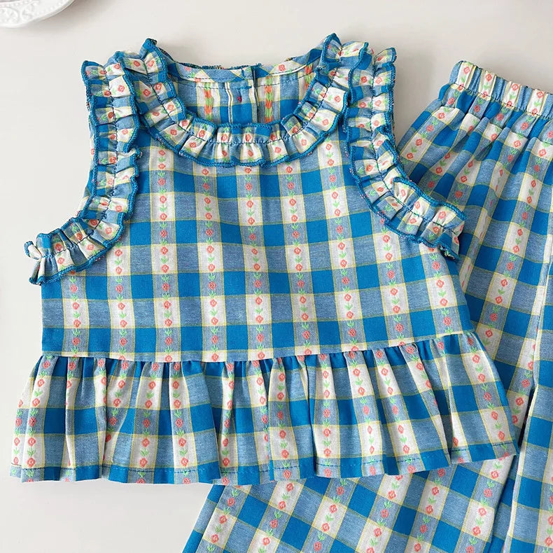 Conjunto Infantil Vichy Encanto Azul – 3 Peças