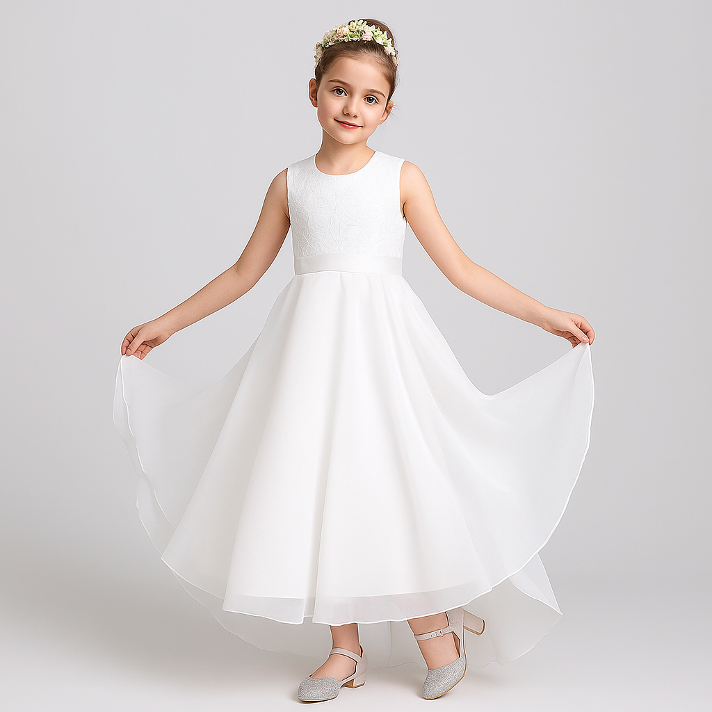 Vestido Infantil Branco Longo com Cauda e Laço
