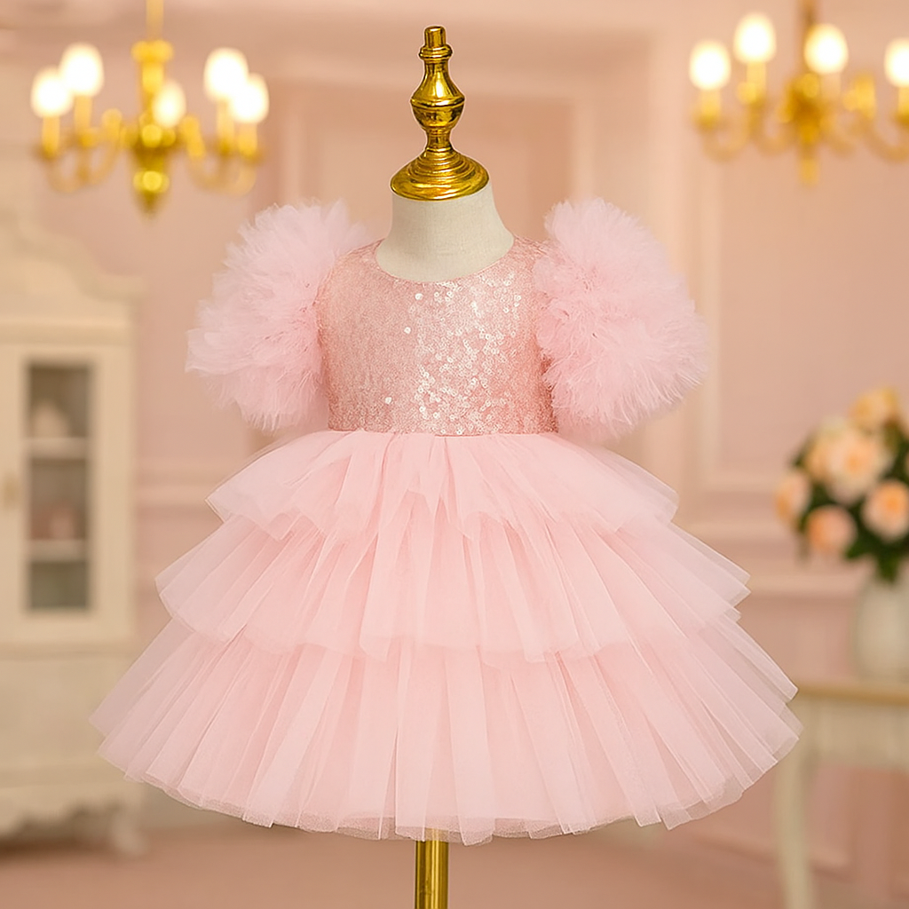 Vestido de Festa Infantil Rosa Tule com Paetês - Estilo Princesa