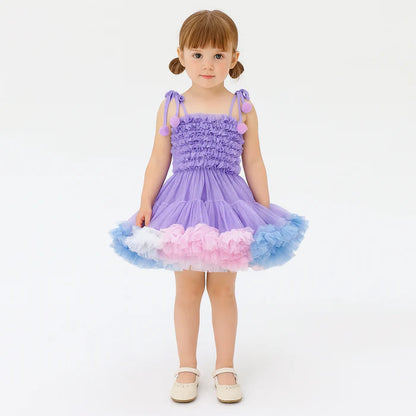 Vestido Tutu Pompom Arco-Íris com Babados