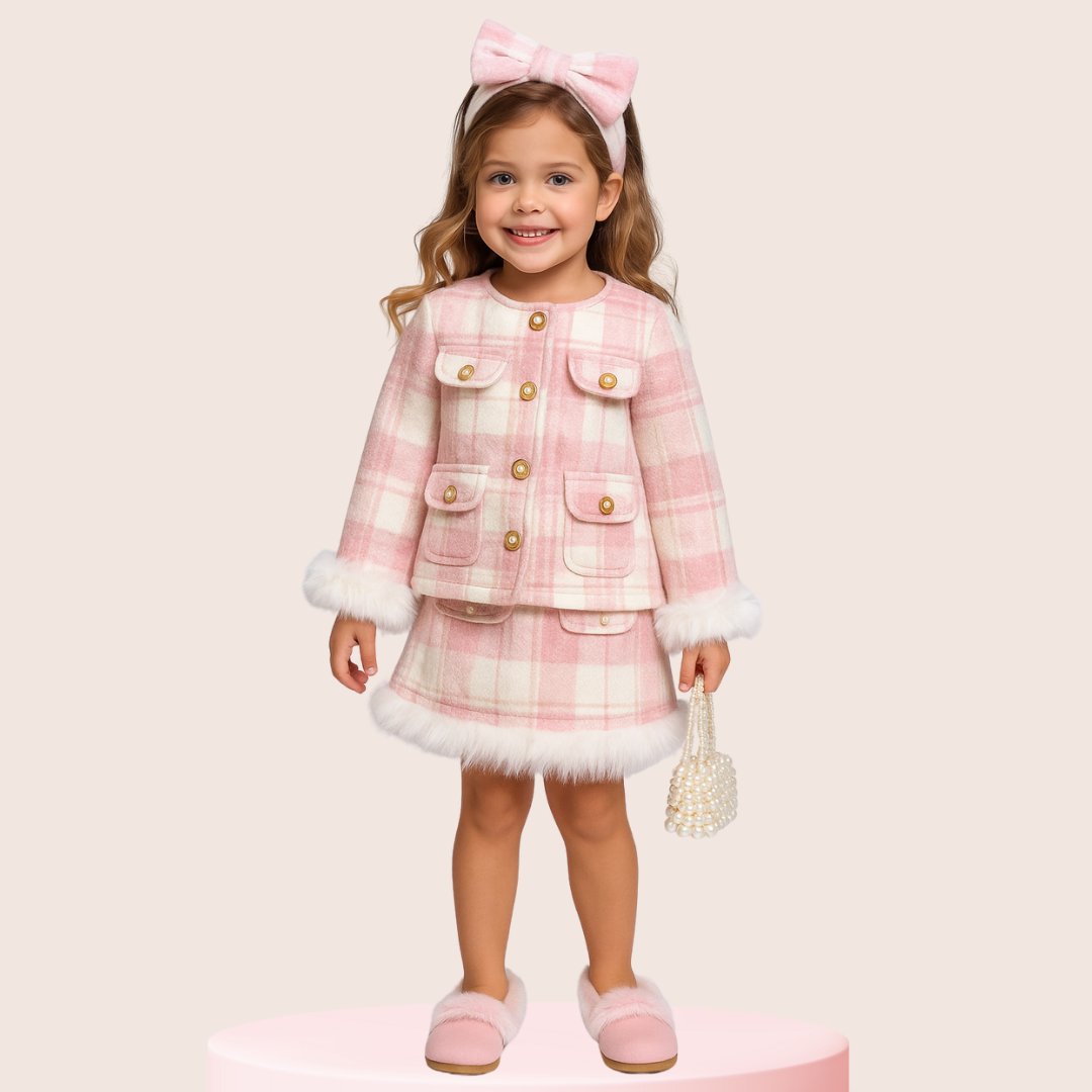 Conjunto Infantil Xadrez Rosa com Pelúcia