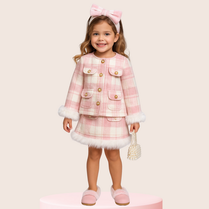 Conjunto Infantil Xadrez Rosa com Pelúcia