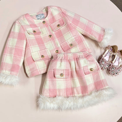 Conjunto Infantil Xadrez Rosa com Pelúcia