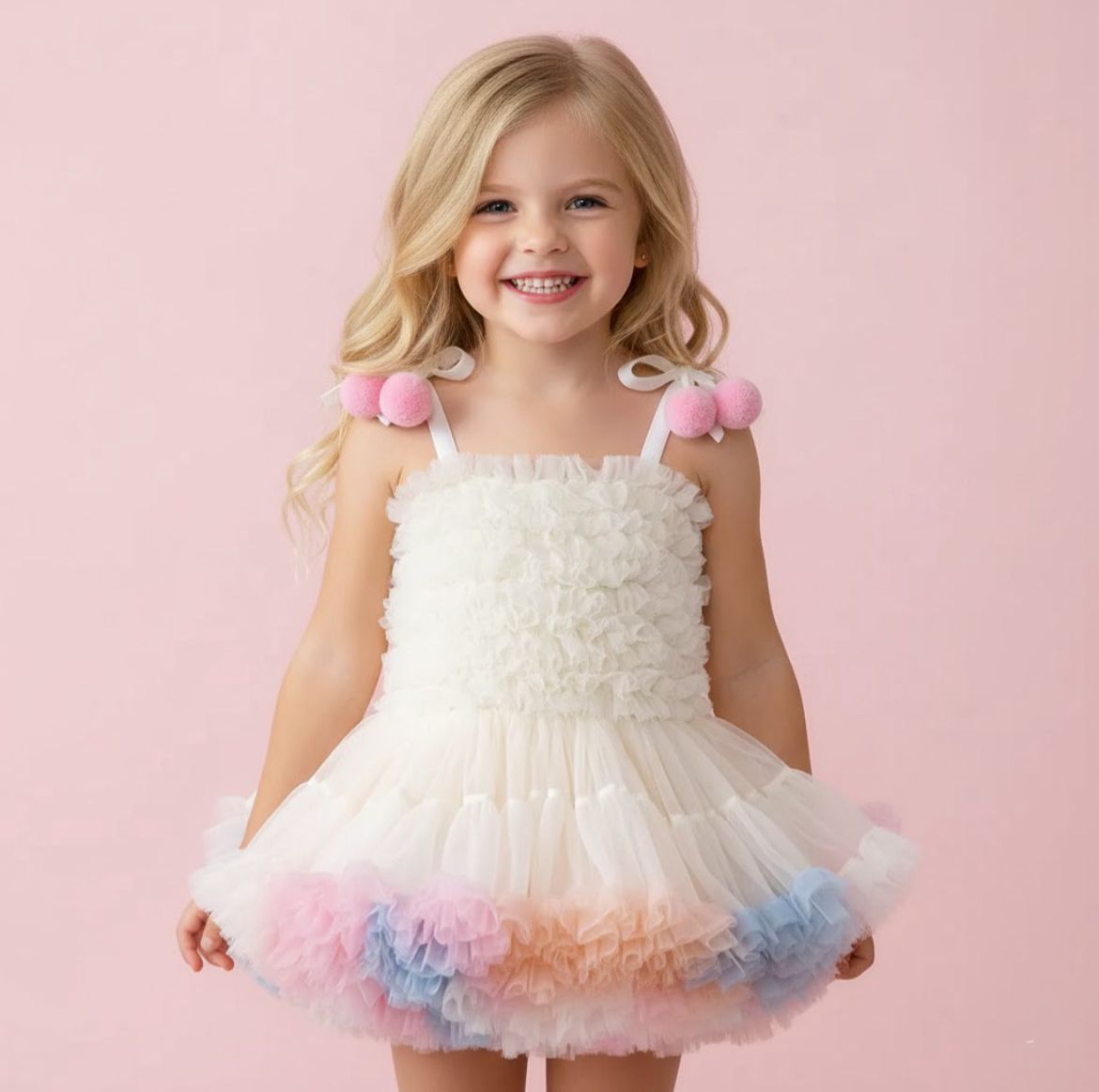 Vestido Tutu Pompom Arco-Íris com Babados